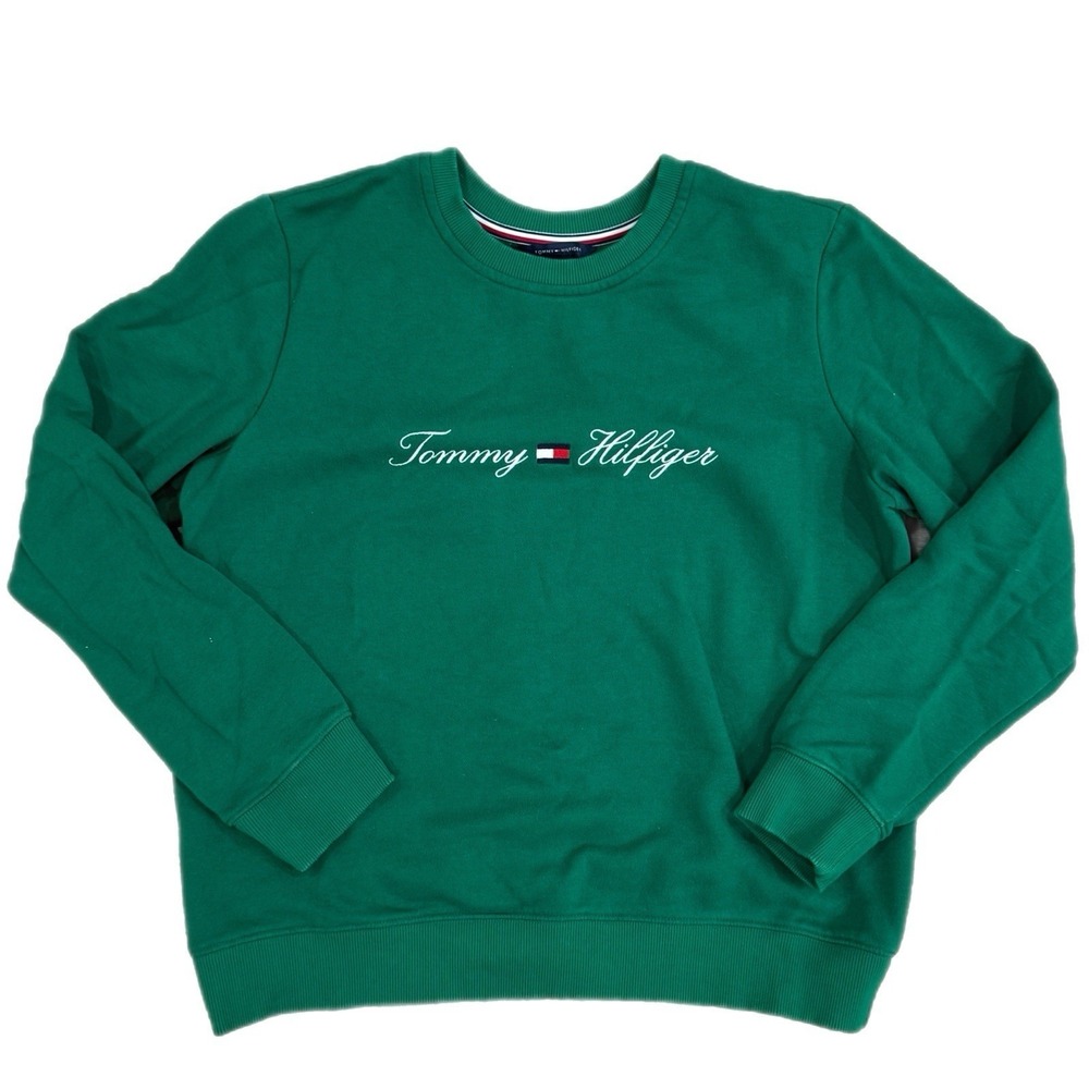 Tommy Hilfiger Green Crewneck Sweatshirt Embroidered Logo Fleece Pullover Medium